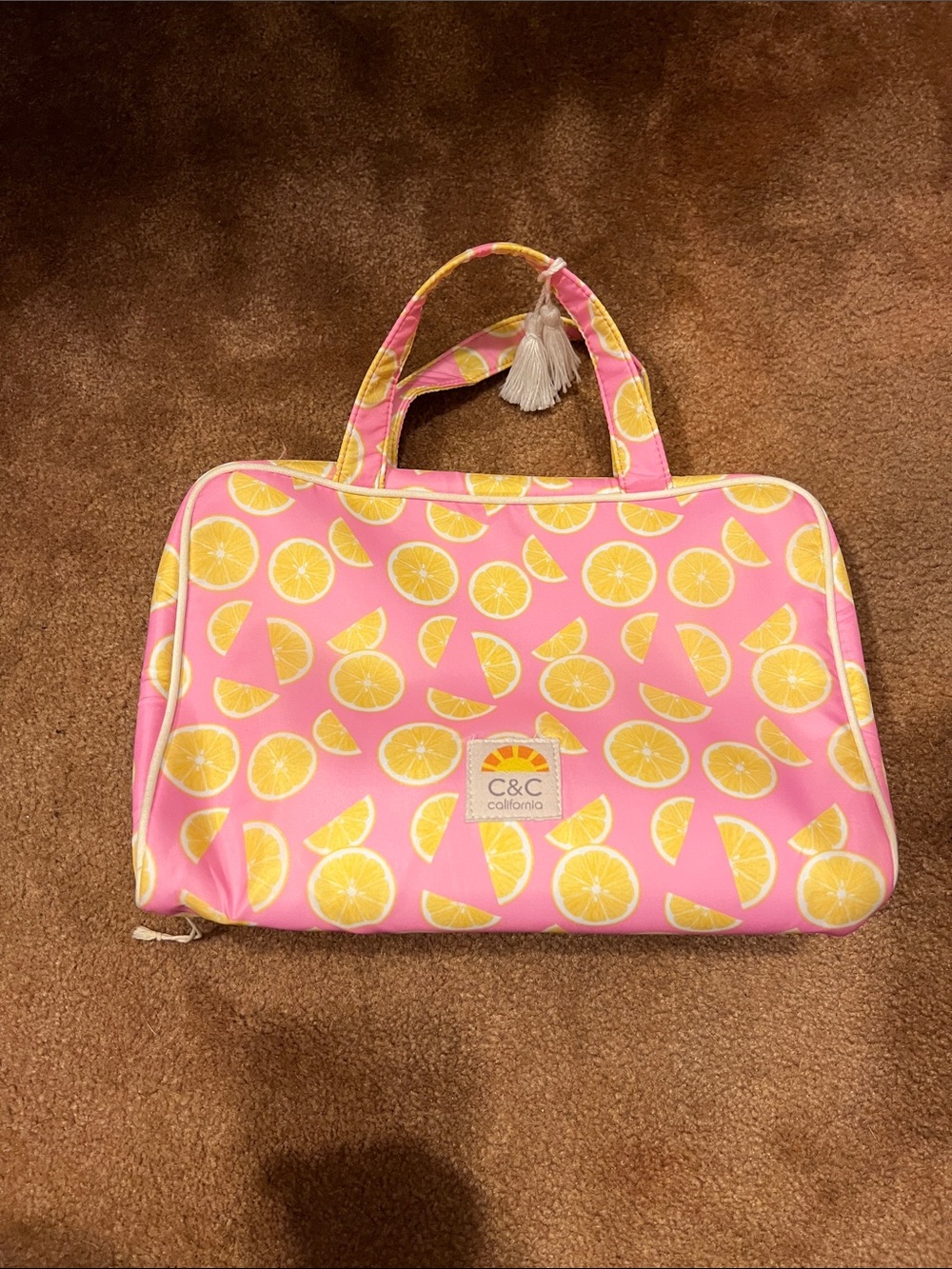 C&C California Pink Lemon Print Tote Bag with various items